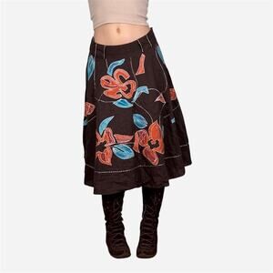 Rocha John Rocha brown boho midi skirt orange blue floral patchwork whimsy